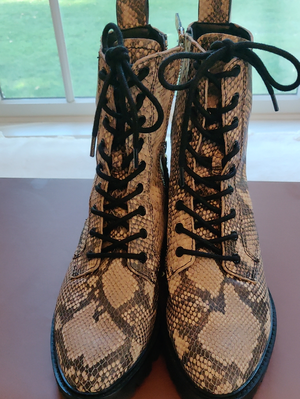 Women’s Snake-Print Lace-Up Ankle Boots in Beige